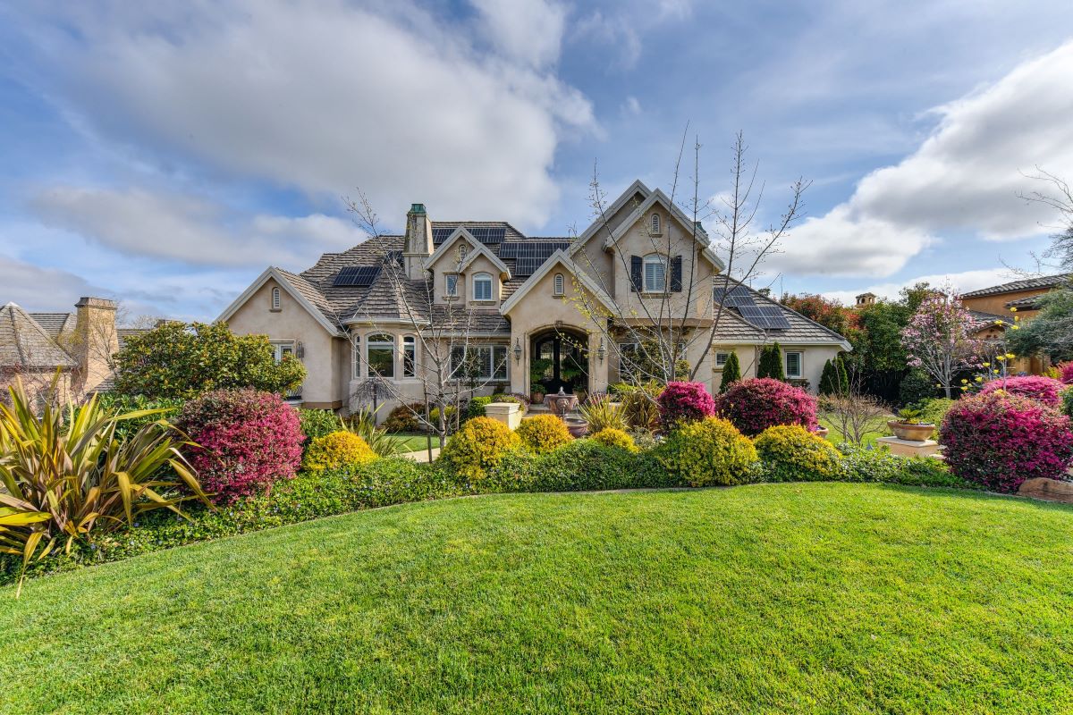 front yard with colorful shrubs
