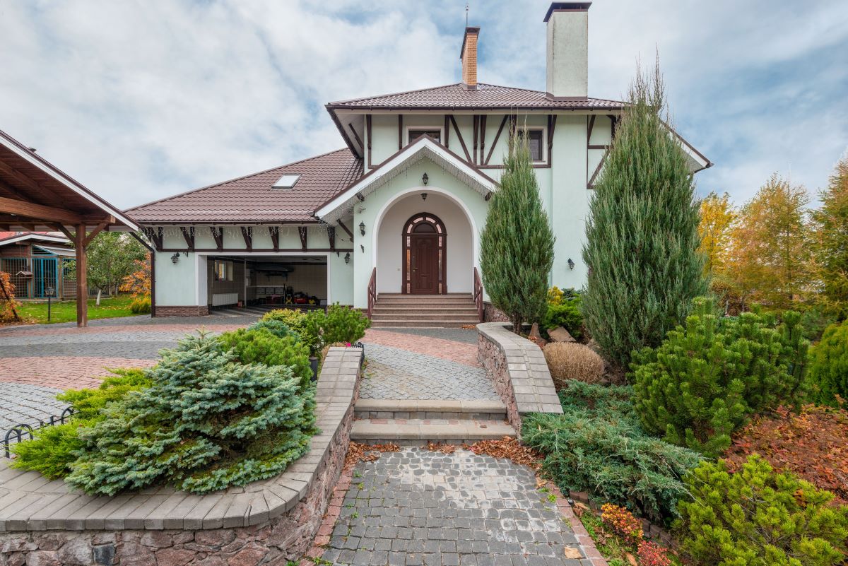 front yard with privacy trees and plants